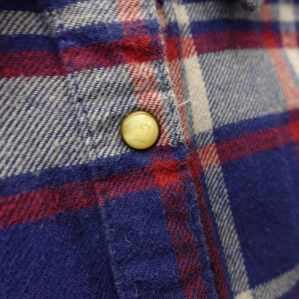 Girls Flannel Shirt Rhinestone Emoji L Blue Plaid Smiley Patch Pearl Snap BUTTER